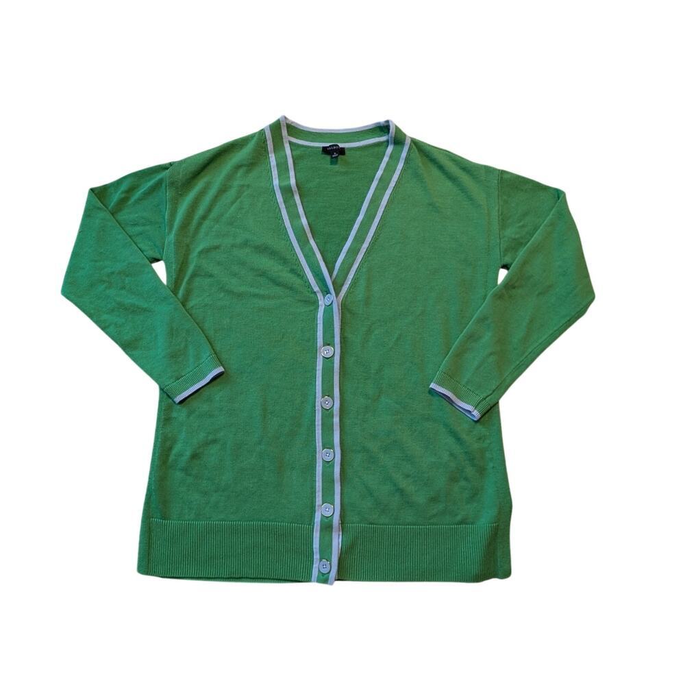 TALBOTS GREEN CARDIGAN sweater, Size small; cotton blend; Classic, Blue Trim